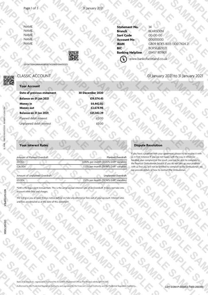 Bank of Scotland Statement Sample