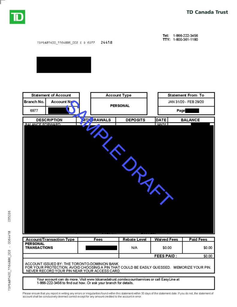 TD Canada Bank Statement Sample