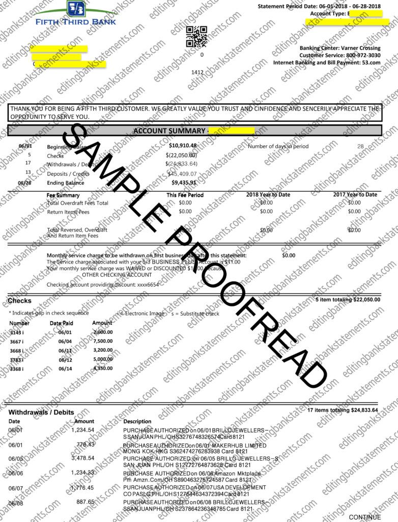 Fifth Third Bank Statement Sample