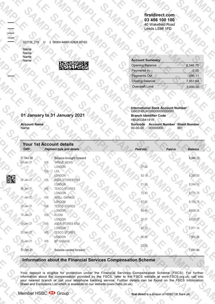 First Direct Bank Statement Sample