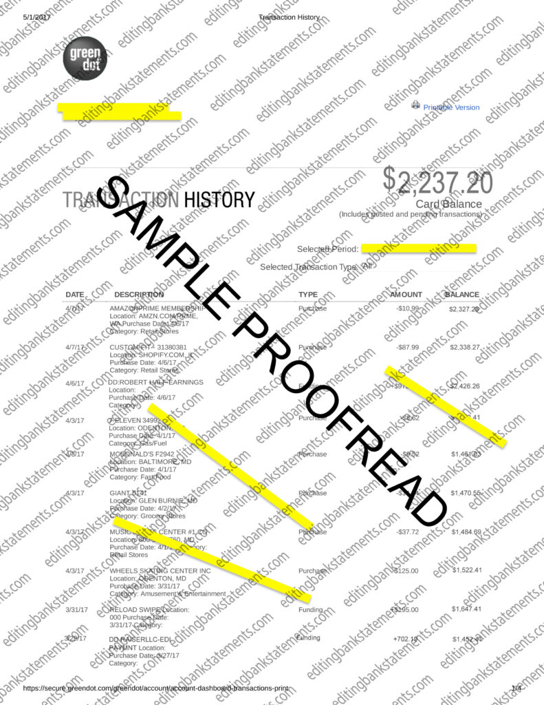 GreenDot Bank Statement Sample