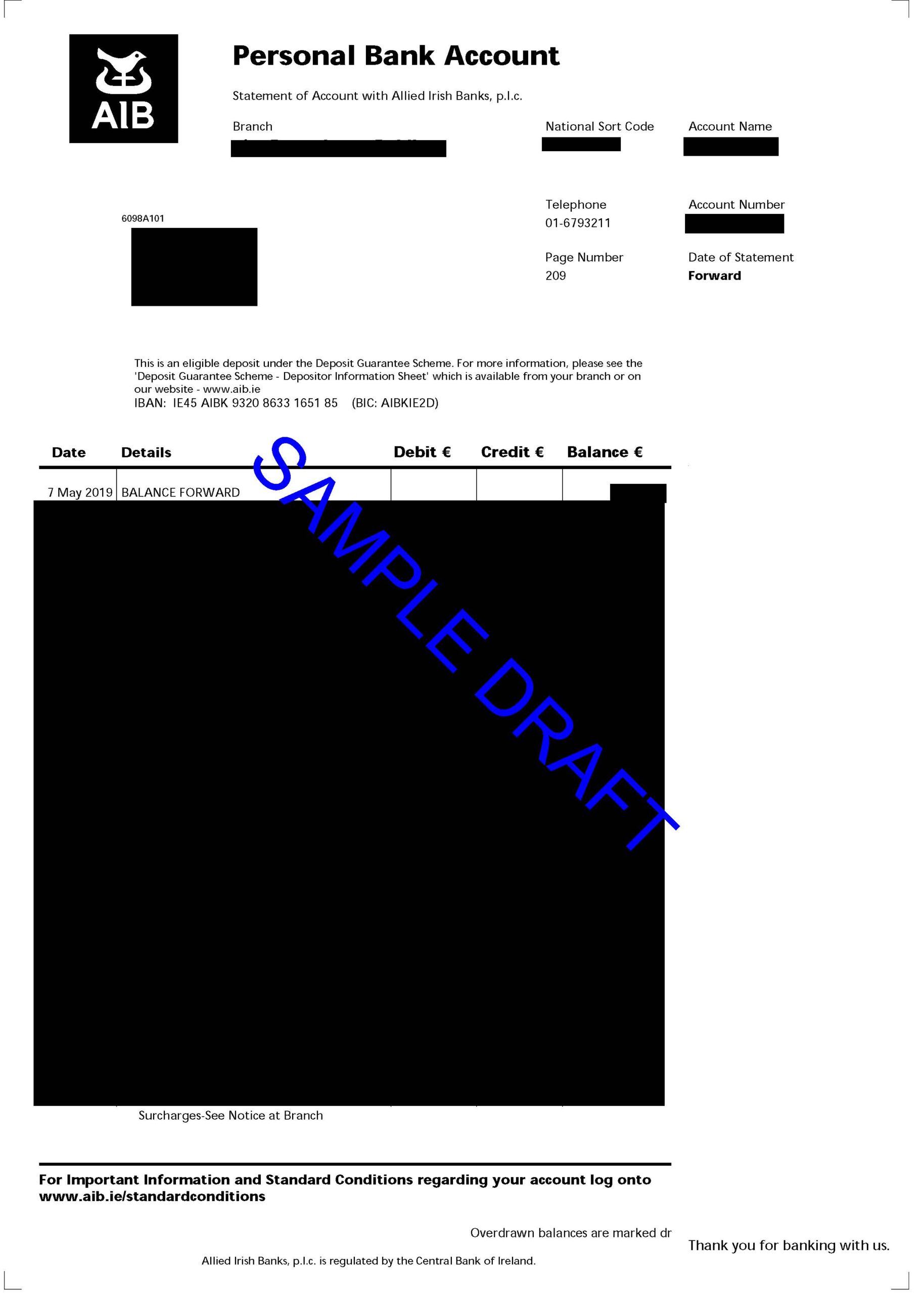 AIB Ireland Bank Statement Sample