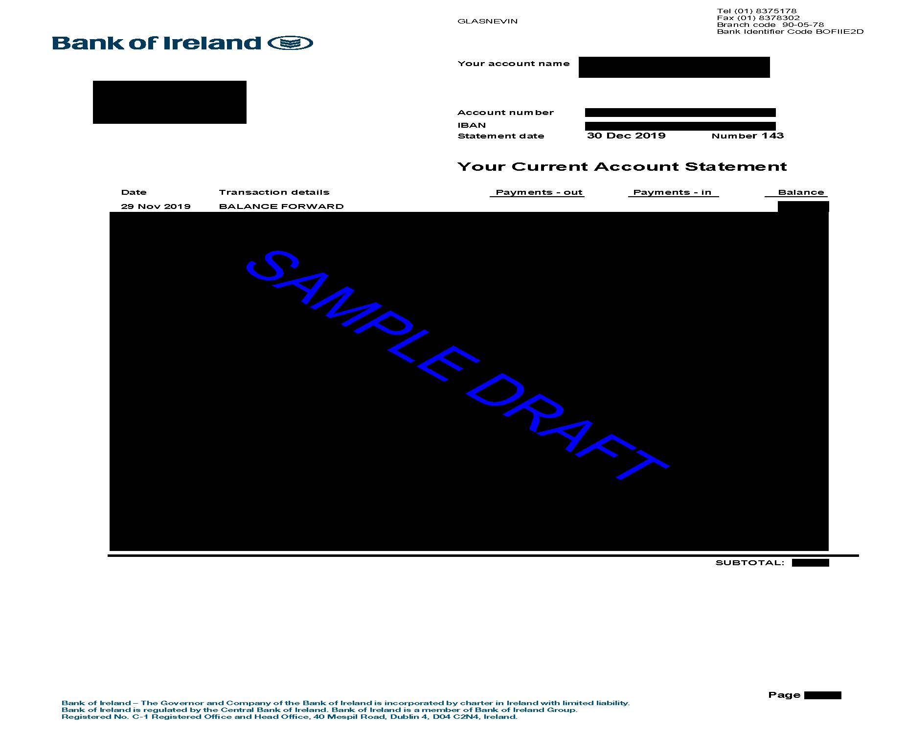 Bank of Ireland Statement Sample