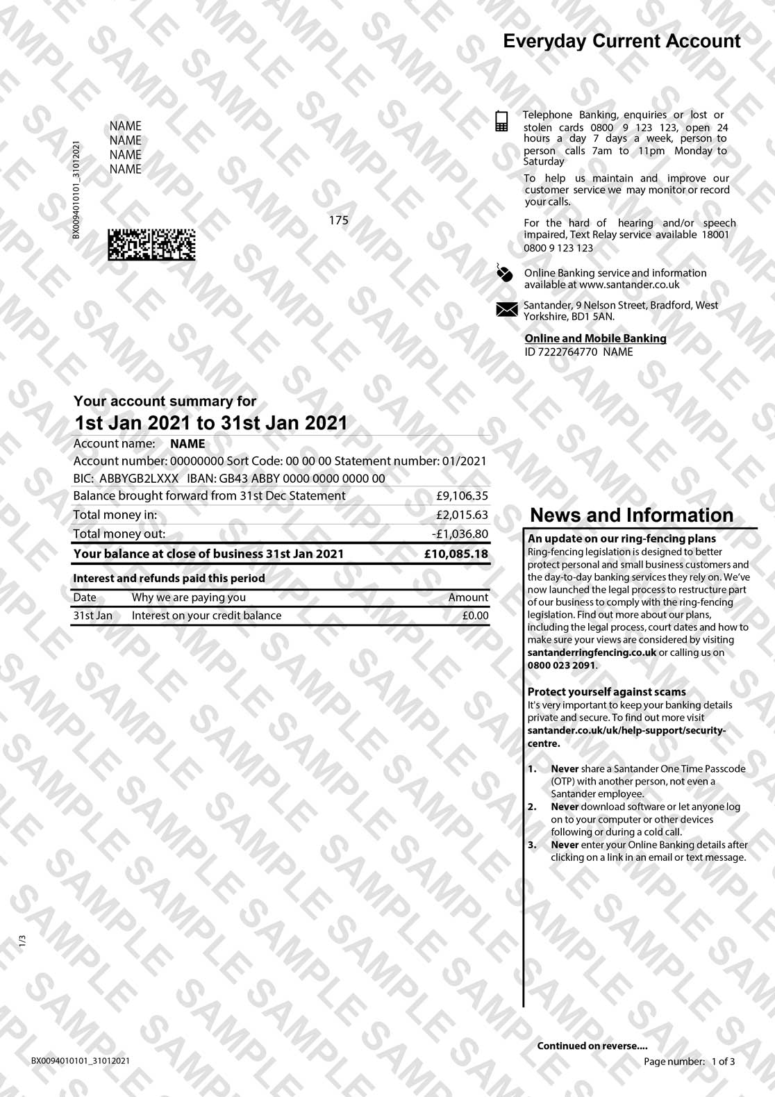 Santander Bank Statement Sample