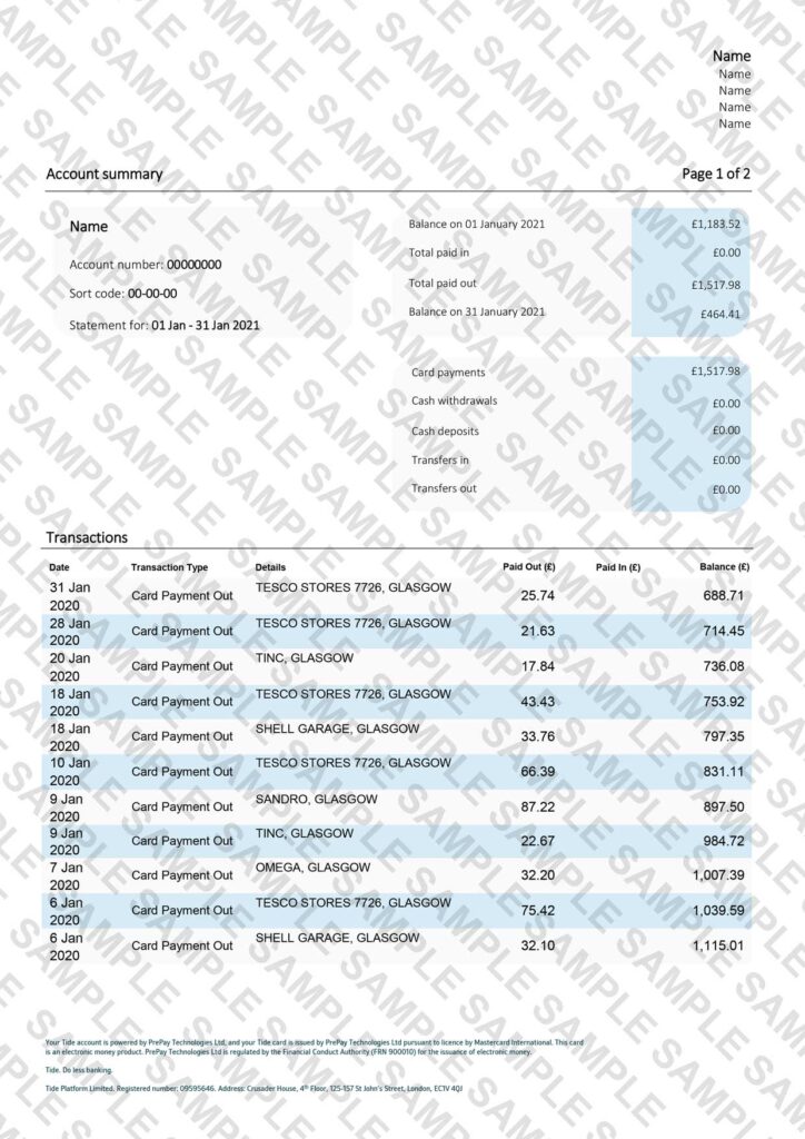 Tide Bank Statement Sample